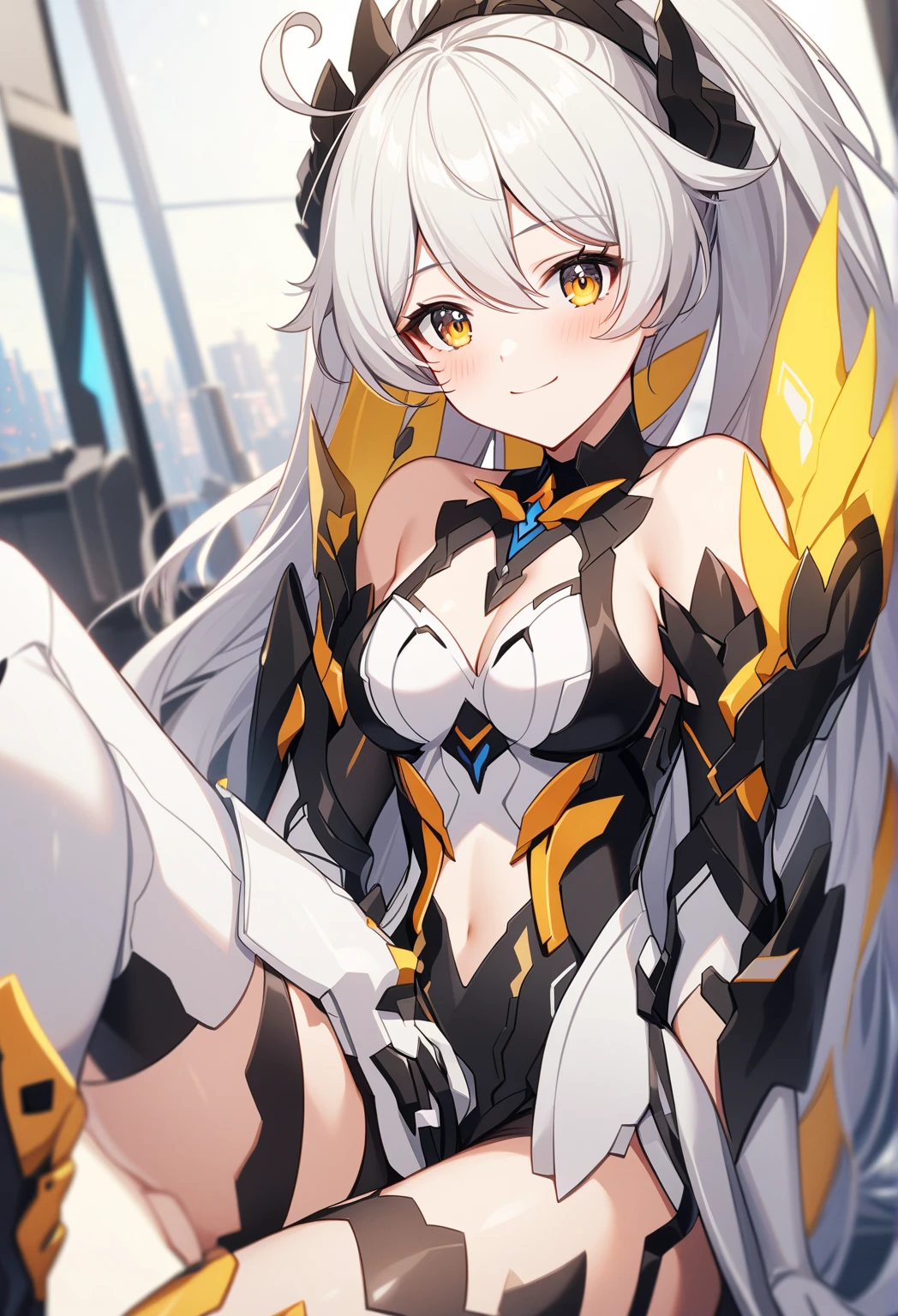 a young girl with pale skin, rosy complexion, large bright blue eyes with vivid details and shiny reflections giving a very lifelike and expressive appearance, neutral but gentle facial expression, slightly parted mouth, short white hair with slightly wavy and well-groomed style, golden metallic technological or ornamental elements fixed in the hair adding a futuristic touch, wearing a futuristic bodysuit made of shiny materials, mostly golden with black accents and integrated blue luminous technological elements on the chest and shoulders, highly detailed design reminiscent of advanced high-tech armor, in the interior of a futuristic spacecraft or installation with windows showing an urban landscape or luminous sky, (best quality,4k,8k,highres,masterpiece:1.2),ultra-detailed,(realistic,photorealistic,photo-realistic:1.37),science fiction,concept art,cinematic lighting,intricate details,dramatic composition