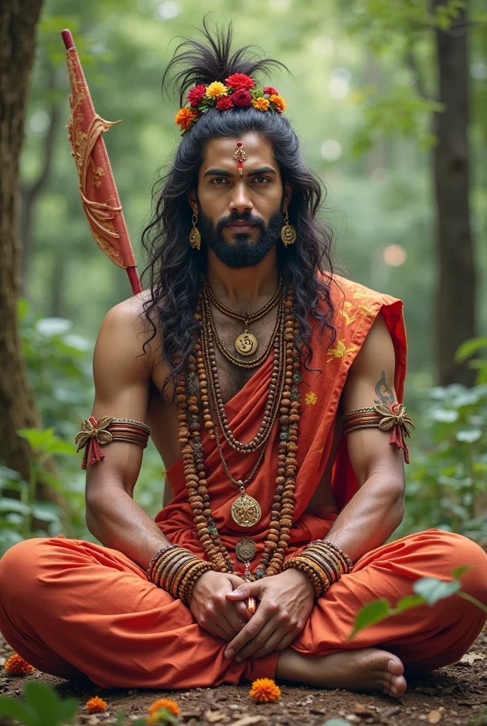 Very calmSmiling Lord shiva as aadiguru curly hair and big breasts sits with her legs stretched out, taking a realistic photo who wear gold mala and bracelet his body also yellow also wearing yellow dress looks happy giving knowledge to disciple who doesn't have beard and moustache and in background must have red colours and रक्तचन्दन tree wood element