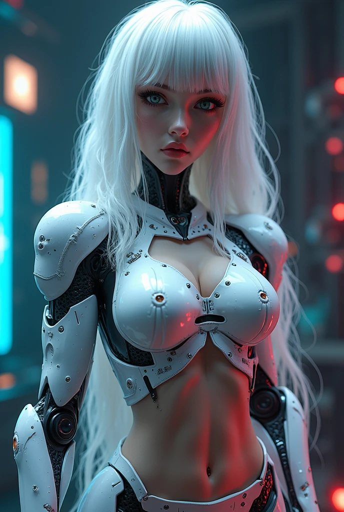 Hyper photo realistic picture perfect mechanical cybernetic punkgirl, perfect face, thin curved platinum blonde eyebrows, long luscious eyelashes, thick black eyeliner, black eye shadow, big eyes, neon sapphire eyes, bright cheek makeup, bright red lipstick, beautiful perfect face. Curved lips, skimpy supergirl outfit, perfect round breasts, slinder waist, perfect hips, perfect ass,