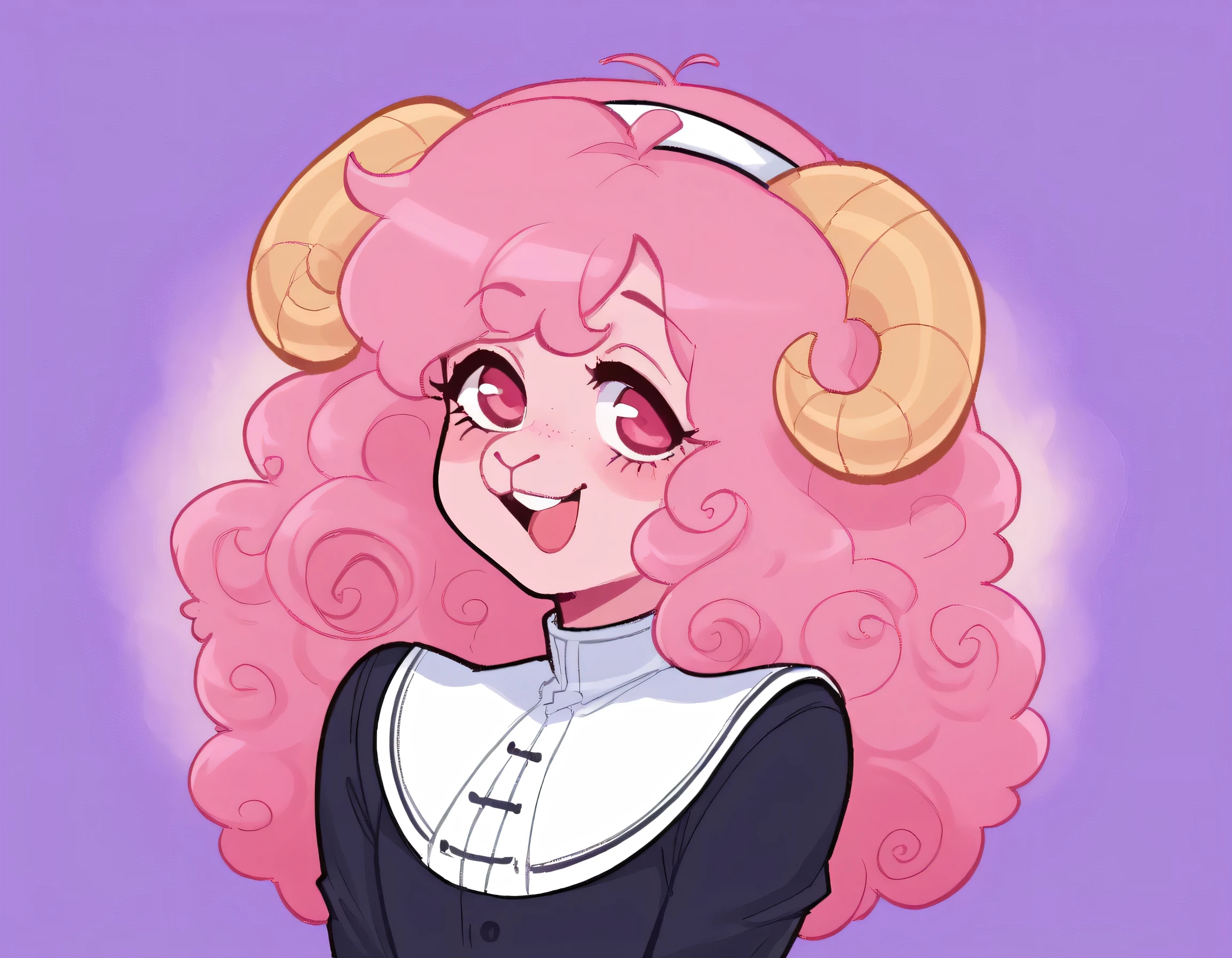 better quality, very detailed illustration , solo, ( Anthropomorphic furry sheep:1,7), ruffled voluminous bouncy hair , playful look, delgado, ideal body, thin waist , wide hips, simple drawing, Artifyber style , pastel flat colors , beautiful, cartoon ,solo, short curly pink hair, nun outfit, fluffy tail, ram horns, seductive pose, femboy