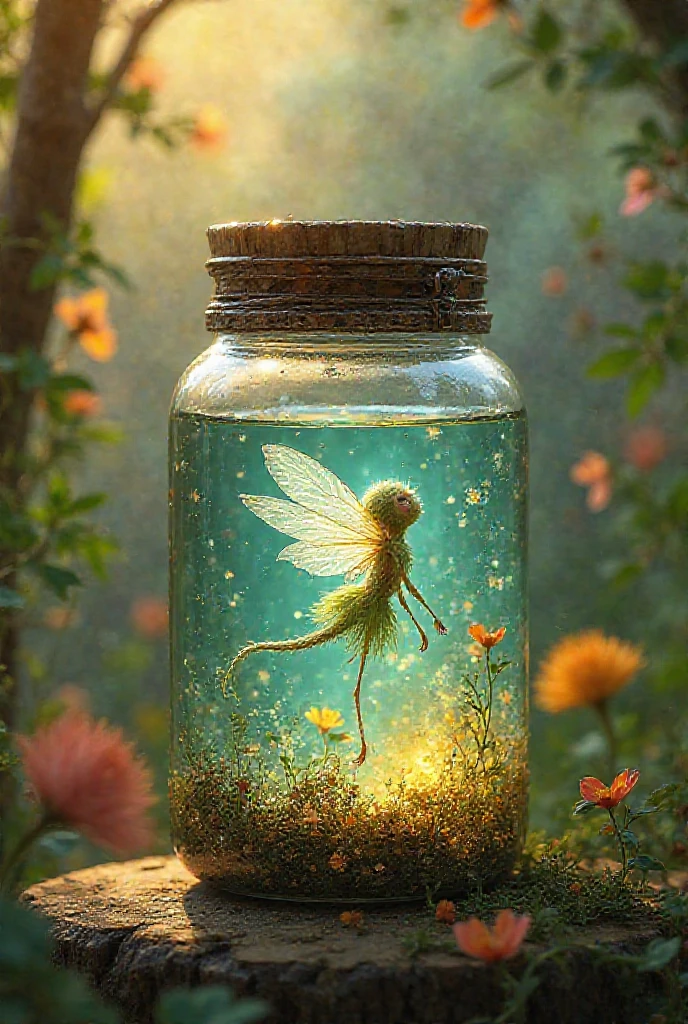 a fairy trapped in a glass jar, blonde hair, blue eyes, tiny fairy, fairy outfit with leaves, glass jar, detailed fairy face, highly detailed, 8k, photorealistic, studio lighting, concept art, vibrant colors, magical atmosphere, ethereal, mystical