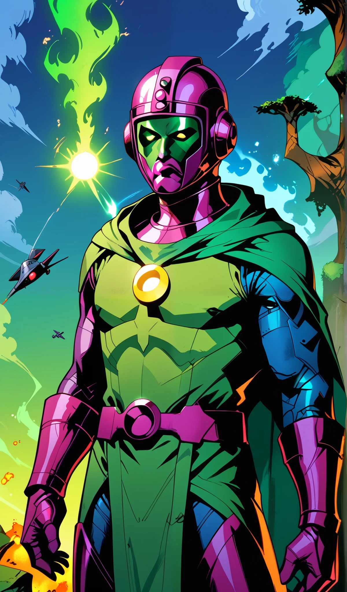 Drawn in 80’s anime art style.
Retro anime. Vintage Anime. Classical Anime.
The outfit is a highly recognizable and iconic superhero suit, primarily green and black, designed for both style and functionality. Here’s a detailed breakdown of its elements:
This person’s combat attire is a fusion of medieval warlord aesthetics, cutting-edge technology, and dark sorcery. He wears a cold, expressionless metal mask fused to his scarred face, paired with a reinforced helmet for added protection. His titanium alloy armor, sometimes infused with vibranium, grants superhuman strength, energy projection, and force field generation, making him nearly indestructible. Over this, he dons a fire-resistant green cloak and hood, often enchanted for extra defense. His gauntlets and boots contain built-in electrical weapons, jet propulsion for flight, and shock-absorption systems. A utility belt holds advanced gadgets, anti-magic tools, and teleportation devices, while his armor is infused with sorcery, allowing him to resist and counter magical attacks. His regal golden clasps, bearing the Latverian insignia, sometimes function as power sources or communication devices. This fearsome combination of strength, science, and sorcery makes them an unstoppable force on the battlefield.
This outfit not only provides protection but also enhances the Superhero’s combat capabilities, making them an effective and stylish anti-hero.
