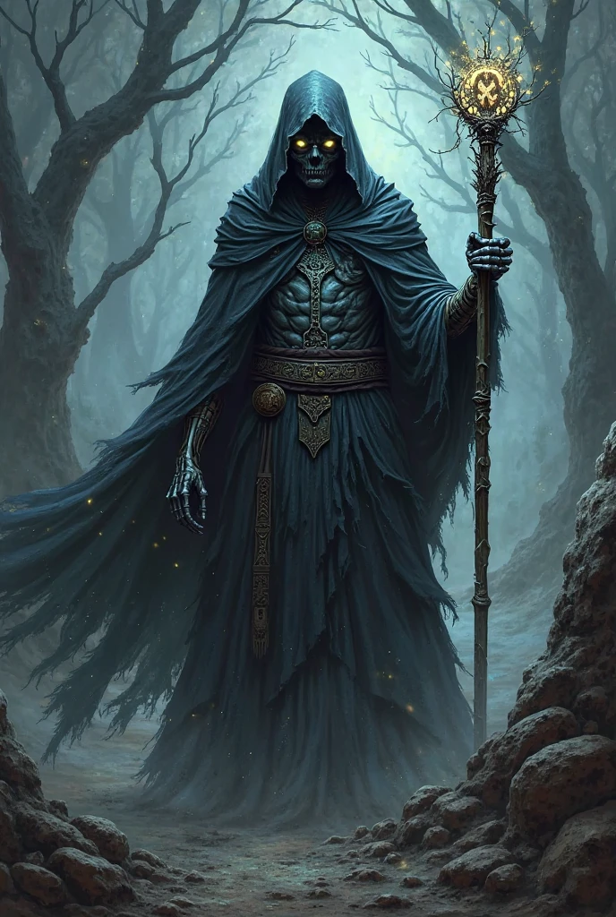 Create a god of death from Brazilian indigenous culture, he must be black skinned, in black clothes and with a bone sickle.