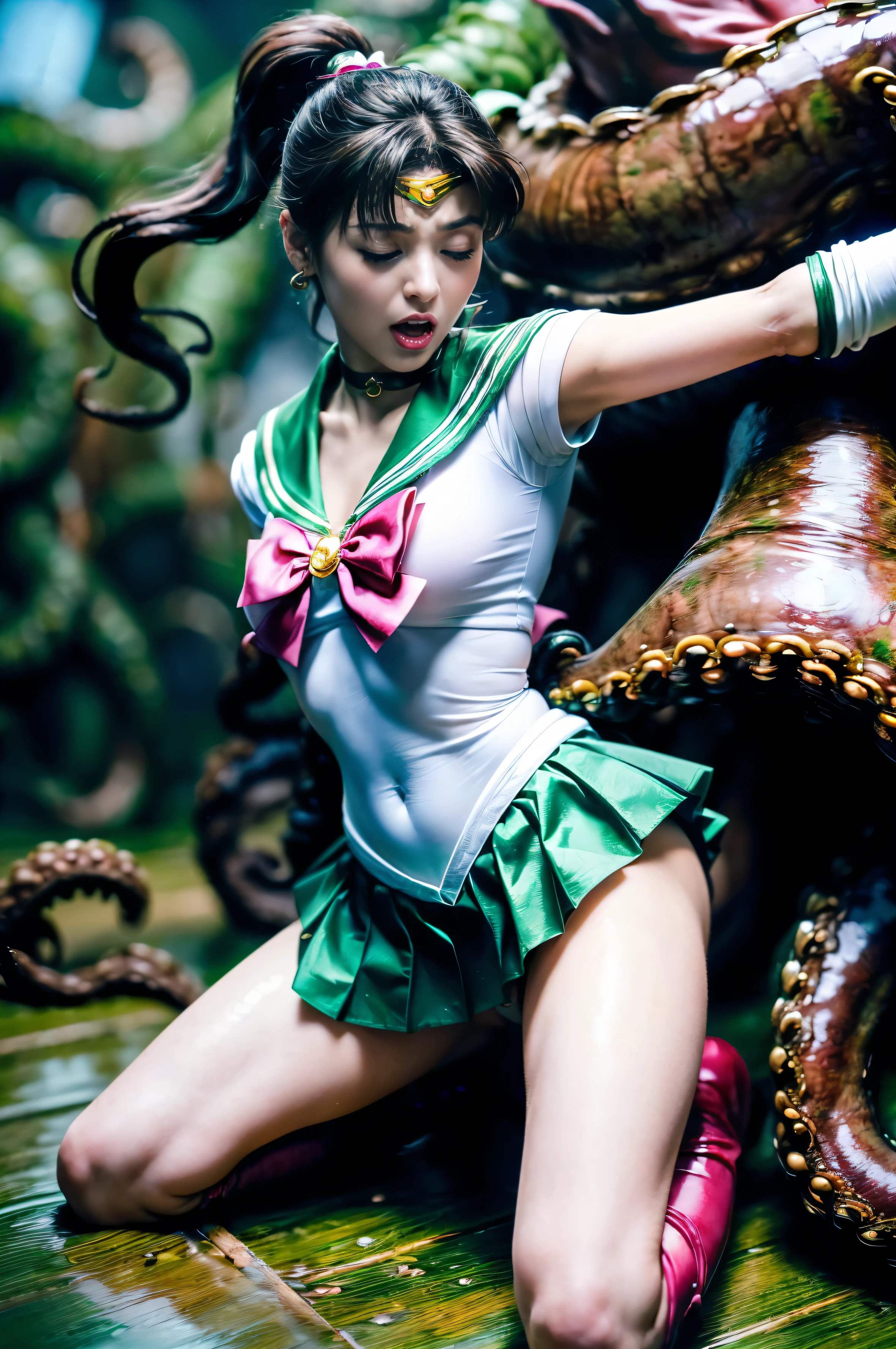(The 8k quality, Ultra-high resolution quality, Ultra high definition, Photorealistic, Best Quality):5.5, (master piece):5.0, (no nsfw, (tentacle attack, tentacle wrapped body), The extreme oily skin Kraken uses its many legs to wrap around sailor jupiter's body violently, (depiction of rape by KRAKEN):1.5):15.0, (camera angle from below view):7.0, (Beautifully shaped sailor jupiter fighting KRAKEN, (jupiter, hmjupiter, tiara, ponytail, sailor senshi uniform, green sailor collar, bow, knee boots, choker, white gloves, green choker, elbow gloves, jewelry, earrings, green skirt, white pantie), a little smaller breasts, bending backward, kneeling, medium build, medium height):15.0, (sailor mars's body bound by many Kraken legs):10.0, (closed eyes, screaming expression face):5.0, (Deck of an abandoned ship):4.0,