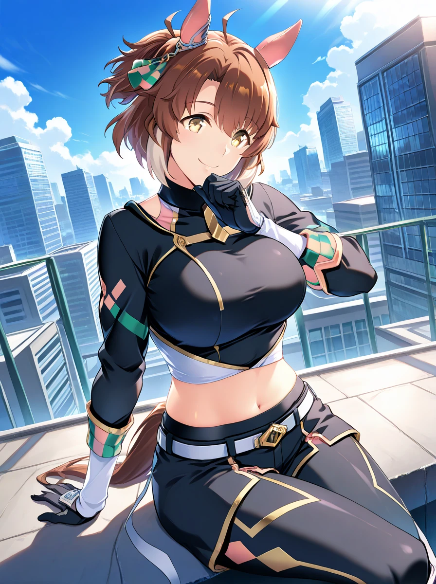 masterpiece, best quality,1girl,solo,kirasaka sayaka,brown hair,long hair,ponytail, hair ribbon, green eyes,,upper_body, (bodysuit), wariza, 
