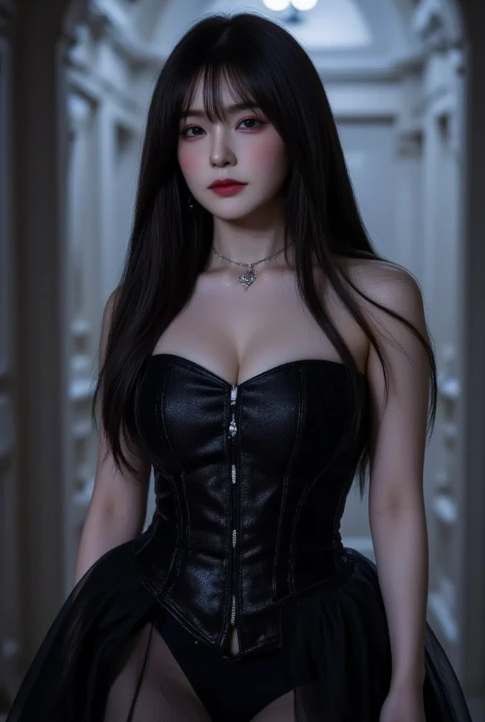 Yor from spy x family, realistic, age 25, pure white skin, dark red pupils, black long hair, open nude black assassin dress, perfect face, perfect shape body, very large breasts, clothes covered upper body, 3d .