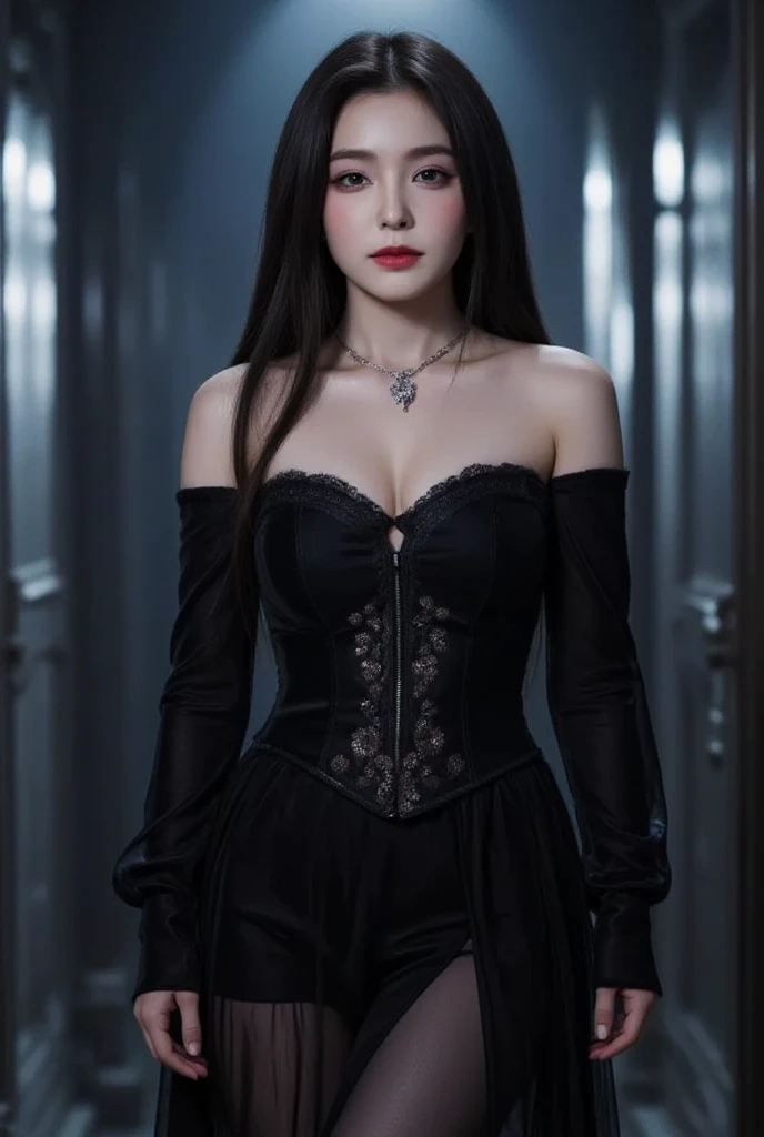 Ruby Rose, multicolored hair,platinum eyes,large breasts, various hairstyles, thick thighs, wide hips, Gothic room, background, large cleavage, demon hunter clothes,Gothic huntress,thong, Gothic skirt, obsidian earrings, black necklace, mercenary equipment