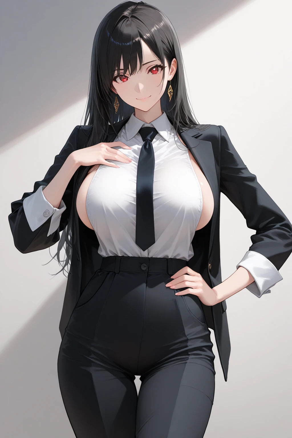 ((Best Quality)), ((masutepiece)), (Detailed), (highlight), Perfect face Young girl with detailed face showing cleavage、Red eyes and long, thick, glossy, beautiful black hair with blunt bangs、Single-color background、Standing wearing school uniform with blazer and miniskirt、