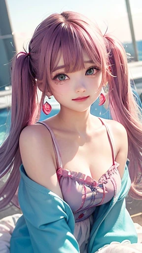 Small face、 (alone:1.5,)Very detailed,Bright colors, Very beautiful and detailed anime faces and eyes, Look straight ahead, Shiny_skin,girl, (((Rainbow Hair, Colorful Hair, Half Light Blue、Half pink hair: 1.2))), 、Shiny hair, Delicate and beautiful face, blush、Glasses、(Turquoise Eyes), , Valletta, Earrings,、garden、sunset、(((Floral、Stylish lace mini skirt)))、(Twin tails)、smile、smile、Face dyed red、hilarious pose、dynamic、Head to toe full body portrait、(The whole body is visible)、(left hand、ring finger、ring)、Glassesに手を添える、(Topless:1.5)