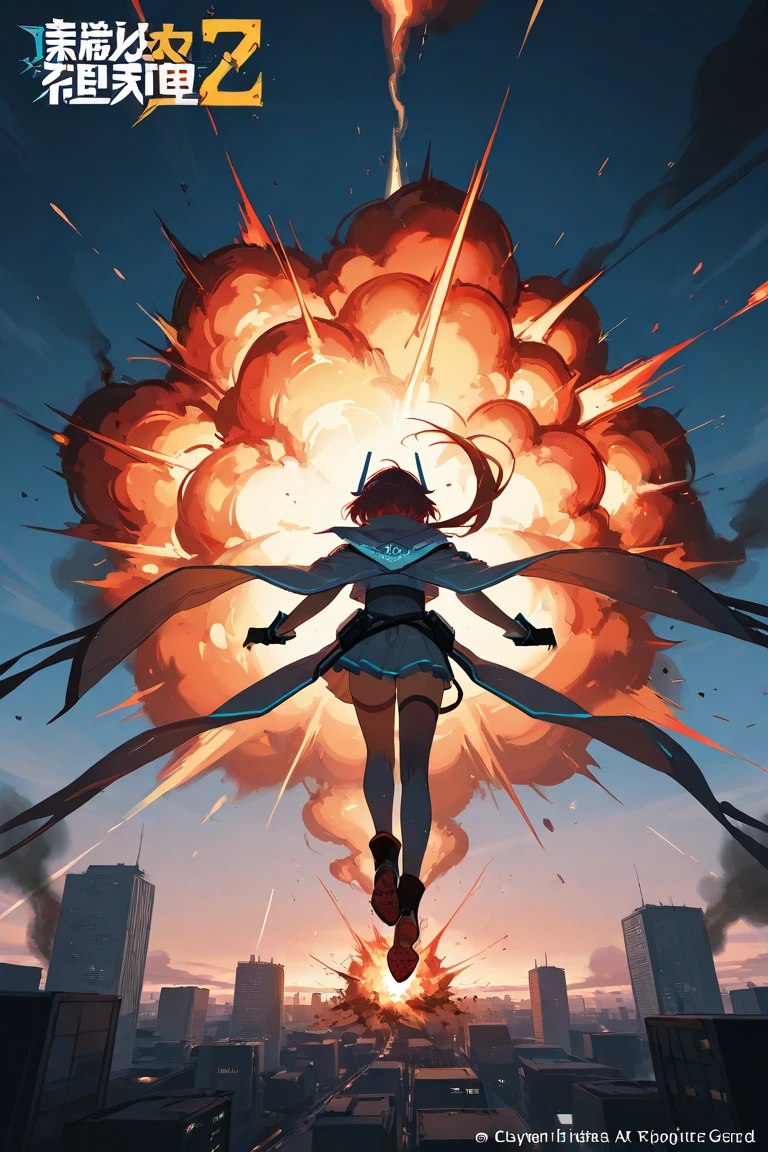 A massive spaceship engulfed in flames, hurtling toward the ground, leaving behind a trail of smoke and debris. The sky is illuminated by fiery explosions as pieces of the ship break off, crashing into a dystopian futuristic city below. The impact zone glows with intense heat, and the cityscape is filled with panic and chaos. Highly detailed, dramatic perspective, cinematic explosion, sci-fi disaster art