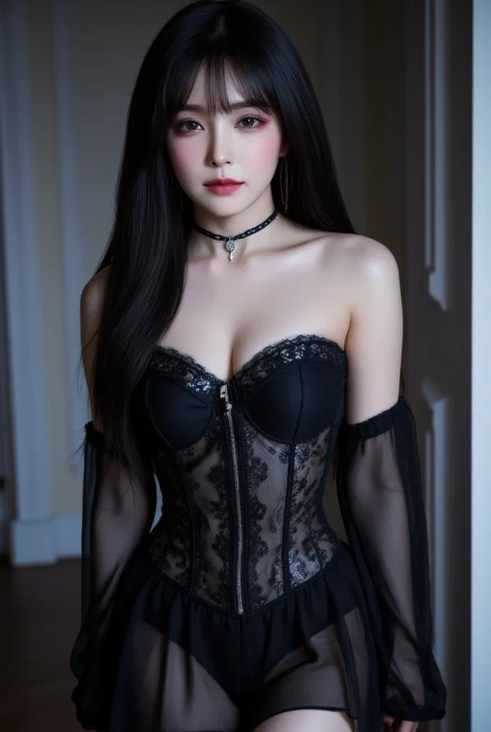 RAW photo, Russian model, 18 years old, Delicate, naturally pale skin, Cinematic lighting, Best quality, Masterpiece, Address correspondence
Lovely face, Gothic makeup, Gothic hairdressing, Adero
Gothic lace necklace, Off-the-shoulder sheer black gothic shirt, cleavage, Big breasts, Adero
Black gothic intricate lace slit dress