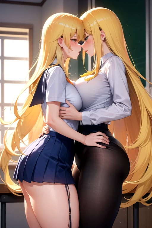 Lesbian (very long loose yellow hair)(big breasts, big thighs)(with school uniform clothes it is very tight) that he is kissing at school with his girlfriend,(big breasts, big thighs)lesbian love