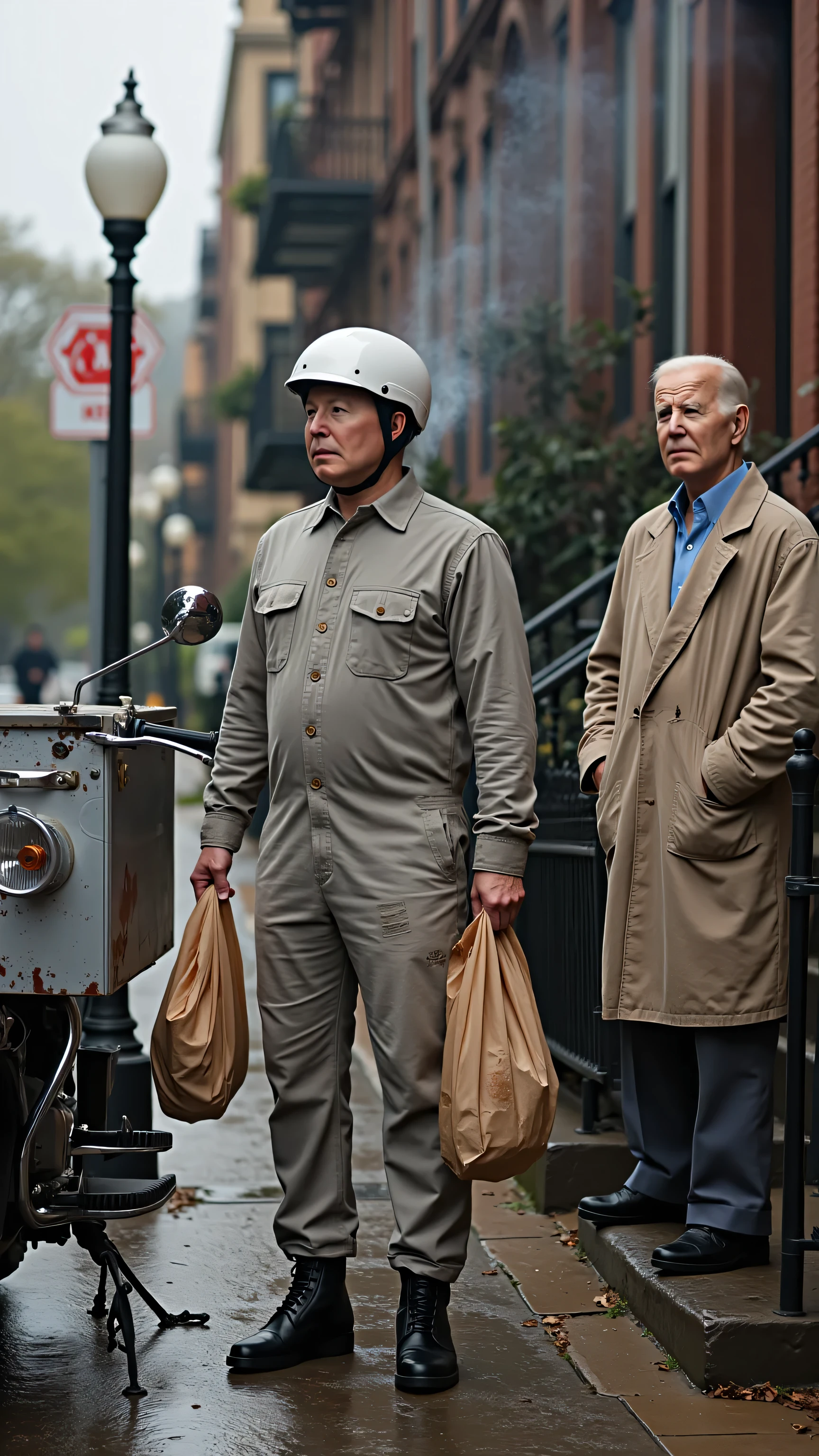 Elon Musk as a food delivery worker wearing [single-layer mottled ash gray cotton jumpsuit with frayed cuffs, torn knee patches, mud-stained hem, five large brass buttons with top two undone], [matching light gray canvas pants rolled at ankles revealing worn black leather boots], [cracked unmarked white plastic helmet with deep scratches], holding [steam-stained paper takeout bag with grease spots] toward [Joe Biden wearing rumpled khaki trench coat over light blue dress shirt, standing on porch of graffiti-covered brownstone with raised eyebrows], [1985 Honda CBX550F motorcycle idling nearby with smoking exhaust], [aluminum delivery box welded to motorcycle showing rust perforations], [rain-slicked street with puddle reflections], [broken "NO PARKING" sign tilted 45 degrees], [diffused natural lighting through overcast sky], [85mm lens capturing facial details: Musk's grease-smudged jawline, Biden's squinting eyes and half-extended hand], [hyper-detailed photorealism], [perspective: low-angle three-quarter view emphasizing porch steps], [distant mist-obscured Capitol dome], --ar 9:16 --v 5 --style expressive