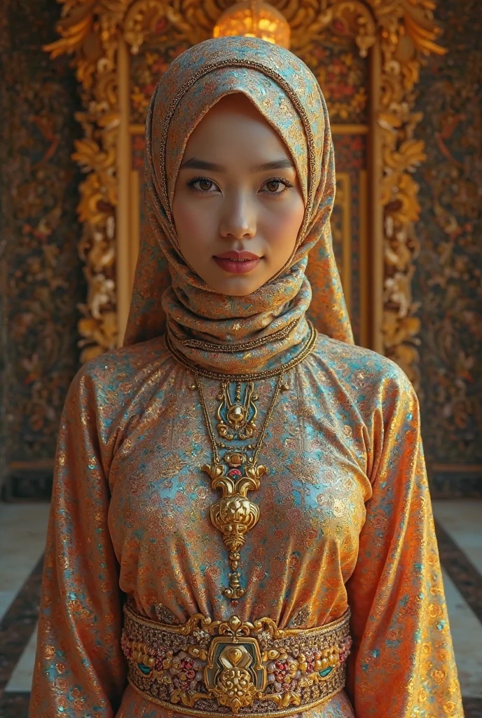 A most beautiful and thin 22 years old Asian muslimah girl wears shiny golden floral print Lycra turtleneck unitard catsuit covered with beautiful patterns.She always wearshiny golden floral print Lycra dancewear hijab.She has beautiful cheeks on her face.