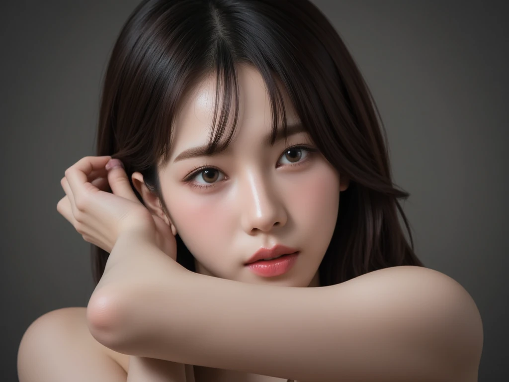 RAW, iu, clear focus, delicate, beautiful composition, best quality, (real), high quality, super detailed, (real picture), (realistic skin), (complex details), (latex skin: 0.4), (detailed skin: 1.3), (perfect radiant shiny skin: 0.6), (beautiful eyes), round eyes, pretty face, rosy face, oily lips, high nose bridge, [:( detailed face: 1.2): 0.2], shiny eyes, (PureErosFace_V1: 0.1), (ulzzang-6500:0.1), (a beautiful 20-year-old cute korean girl:1.3), Instagram, (kpop idol, Korean mixed), perfectly proportioned face, (high nose: 0.7), realistic damp skin, red lips, Crimson (UA), (smiley face: 1.2), 8k uhd, dslr, high quality, Film grain: 1.3, realistic, (studio), (blue simple background: 1.5), (white shirt: 1.5), (black blazer: 1.5), (shut up: 1.3), (iu1:1.1),