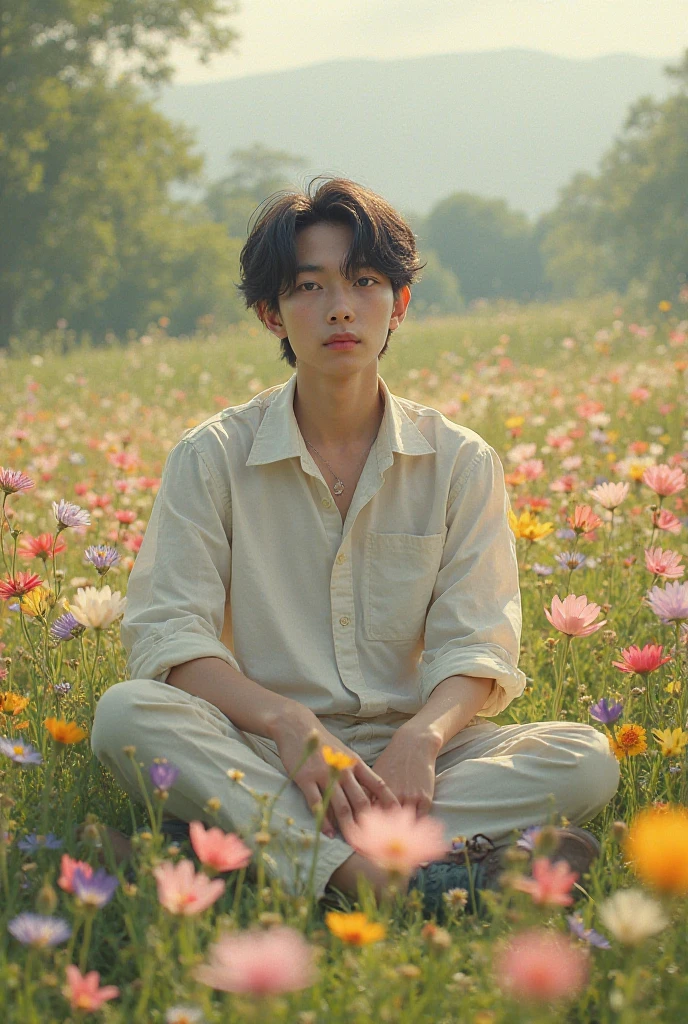 Ni-ki de Enhypen as a sitting in a field of flowers