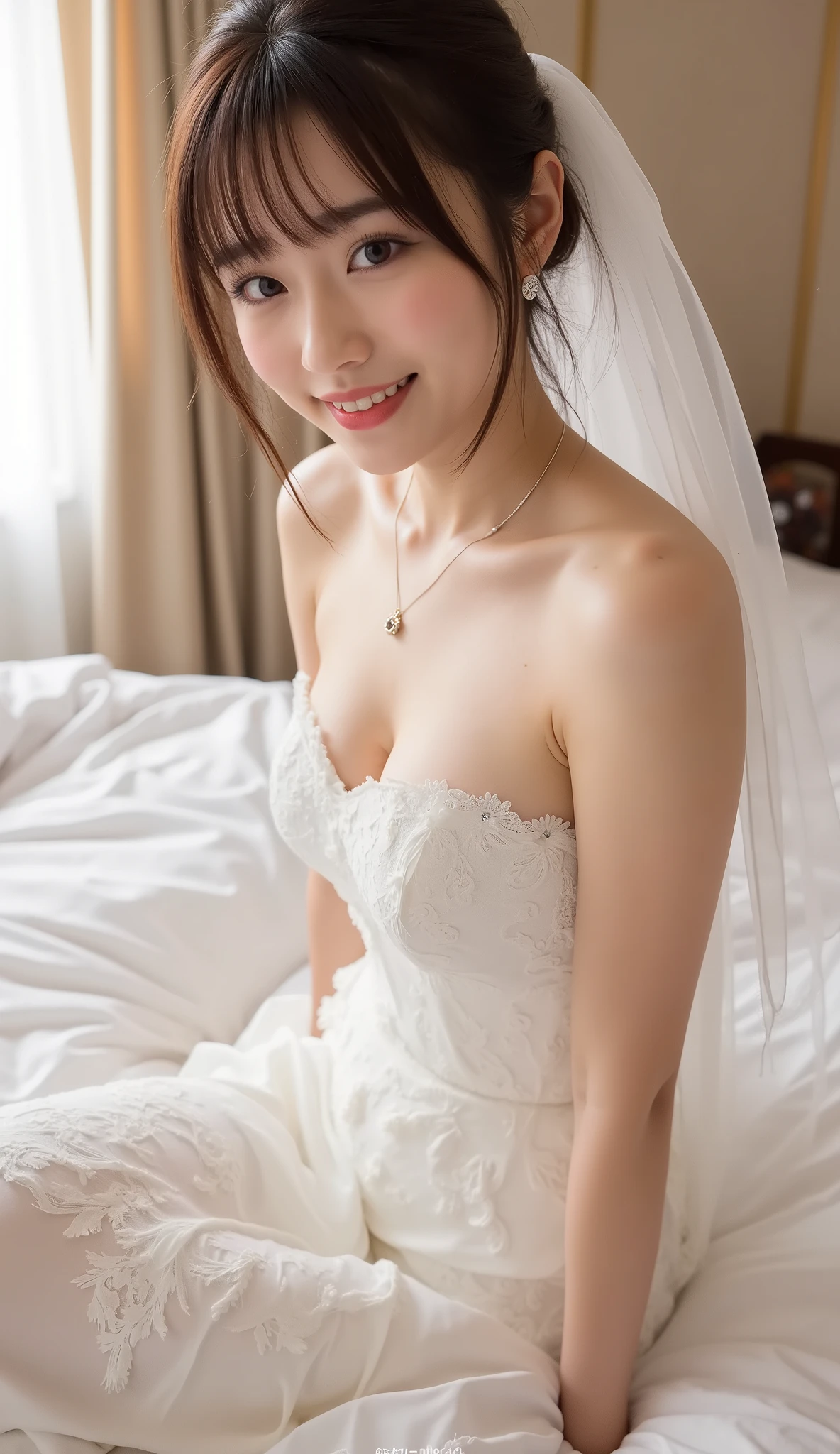 (((nsfw)))、KAWAII、sex slave, Japanese bride, ( wedding veil :1.5),( tube top wedding dress:1.5), I'm taking off my dress, are having sex, Moaning with pleasure, earrings, necklace, Western-style room , on the bed