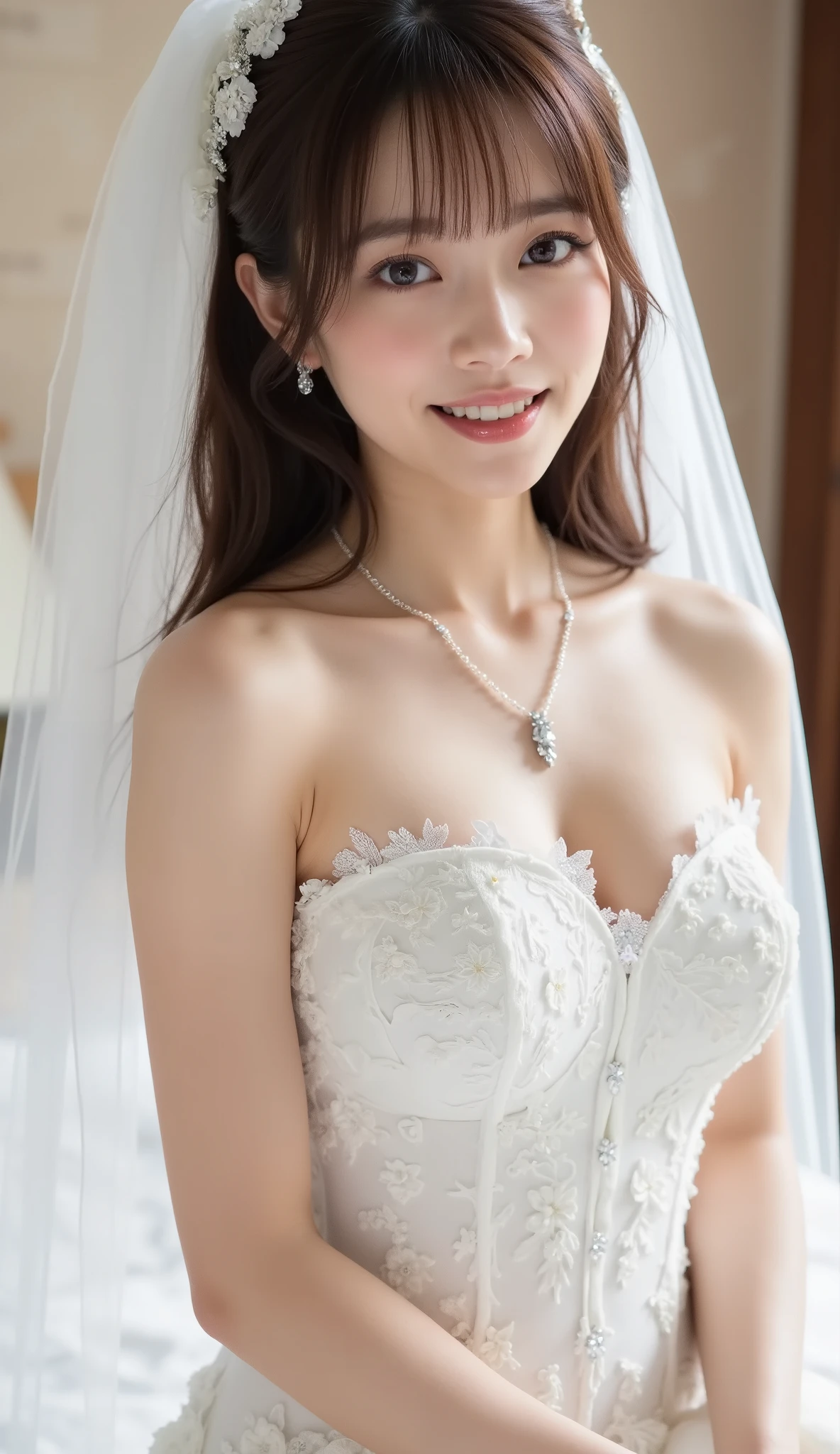 (((nsfw)))、KAWAII、sex slave, Japanese bride, ( wedding veil :1.5),( tube top wedding dress:1.5), I'm taking off my dress, are having sex, Moaning with pleasure, earrings, necklace, Western-style room , on the bed
