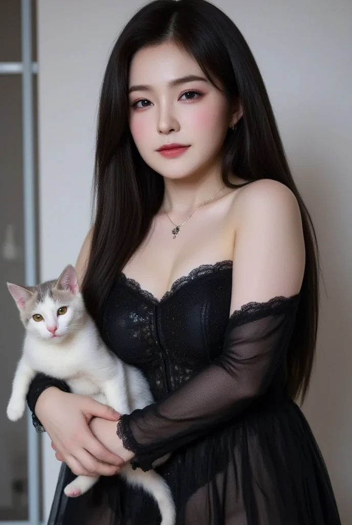 Woman in a red dress with a black cat and an owl.