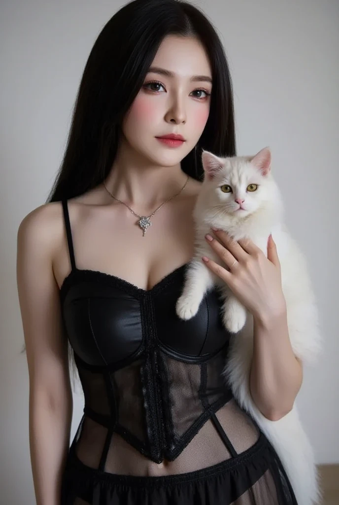 Kim Jennie con el cabello negro oscuro, con rulos en las puntas del cabello negro oscuro, con un ganchito de estrella en el cabello negro oscuro, ojos de color claro, ojos bonitos, nariz bonita y respingada, labios bonitos, labios rosas, heart and cupid shaped lip, piel bonita, piel blanca, con lunares y pecas en todo el rostro, rubor rosa suave en las mejilla, rubor rosa natural, dark and gothic makeup, Jennie gotica, cuello bonito, noticeable collarbones, mirada enojada, con un collar, un collar bonito de beso, mientras tiene un Corset rosa, Corset rosa bonito, vestido con un Corset rosa, mientras muestra sus pechos desnudos, mientras tiene los pezones con dos corazones de papel rosa, tiene los pezonnes con corazones de papel rosa (pechos grandes, pechos suaves, pechos bonitos, pechos naturaleirando a la camara, autofoto