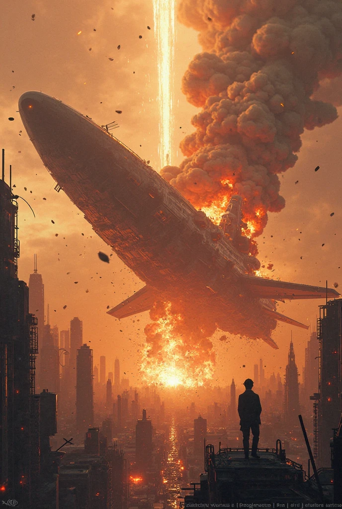 A massive spaceship engulfed in flames, hurtling toward the ground, leaving behind a trail of smoke and debris. The sky is illuminated by fiery explosions as pieces of the ship break off, crashing into a dystopian futuristic city below. The impact zone glows with intense heat, and the cityscape is filled with panic and chaos. Highly detailed, dramatic perspective, cinematic explosion, sci-fi disaster art