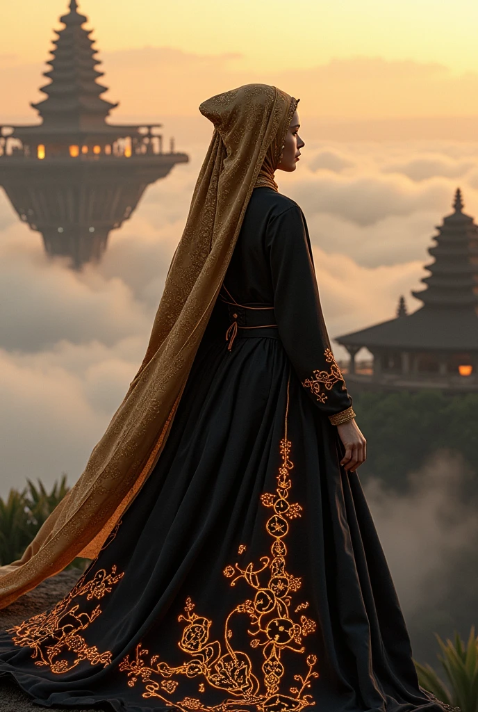 an Indonesian Javanese woman (25 years old, oval and clean face, hijab, thin body, Indonesian-style skin, wearing a thick winter jacket, jeans) standing posing like a model on the Great Wall of China, photo slightly tilted to the side, visible face, atmosphere night, minimal lighting, sunset light. ultra HD, real photo, very detailed, very sharp, 18mm lens, realistic, photography, leica camera