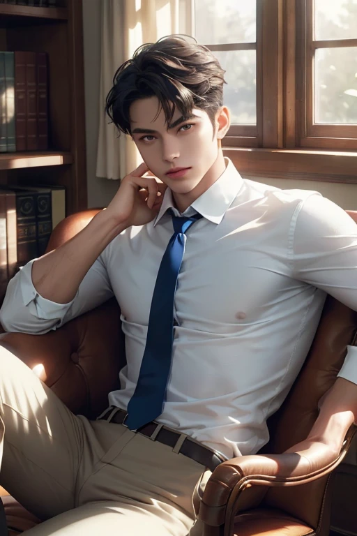 Masterpiece, Super real, 8K, male people, （1boys：1.5）, wearing stripe shirt, Open clothes, opening legs，partially unbuttoned, Black slacks, sitted，（full bodyesbian：2）, Real background, office backdrop,
