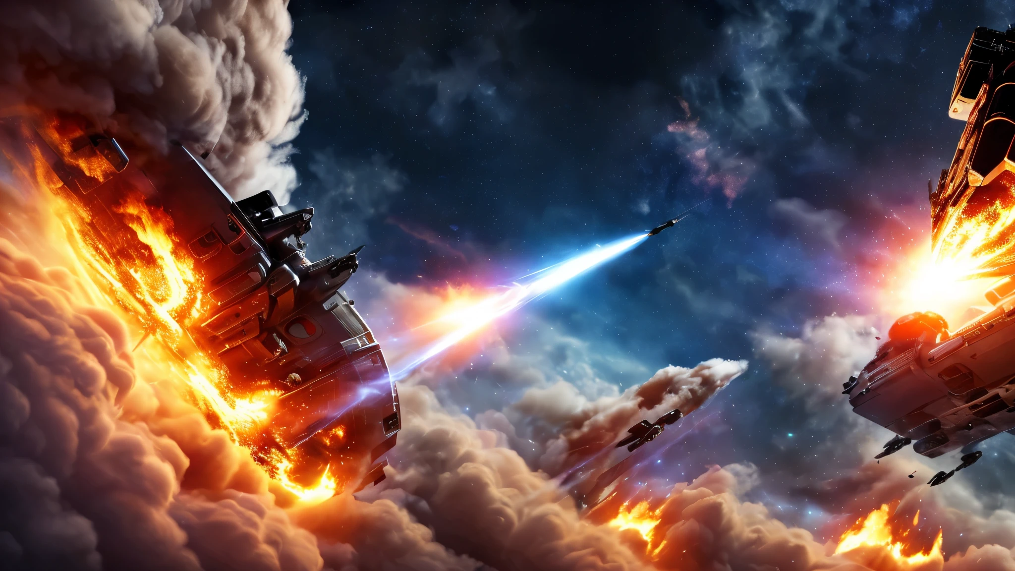 masterpiece, (highest quality, highres, ultra-detailed, create high resolution,4K, 8k),(realistic, photorealistic: 1.5),Space Battleship Big Blast, large spaceship crashes over a city, come down, Flaming,