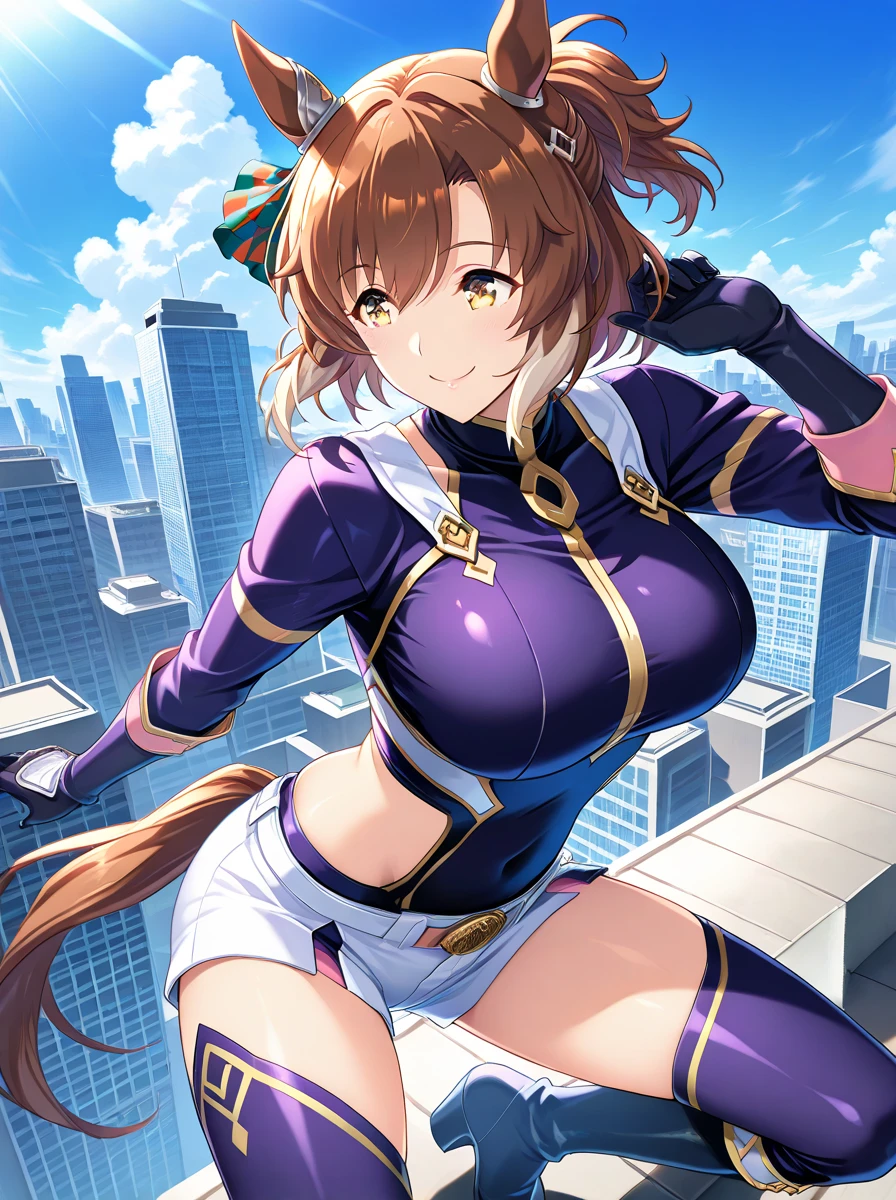 (masterpiece, best quality:1.2), intricate details, ip2, 1girl, headgear, bodysuit, bare shoulders, twintails, elbow gloves, light smile, large breasts, mature female, purple eyes, big ass, looking from behind.