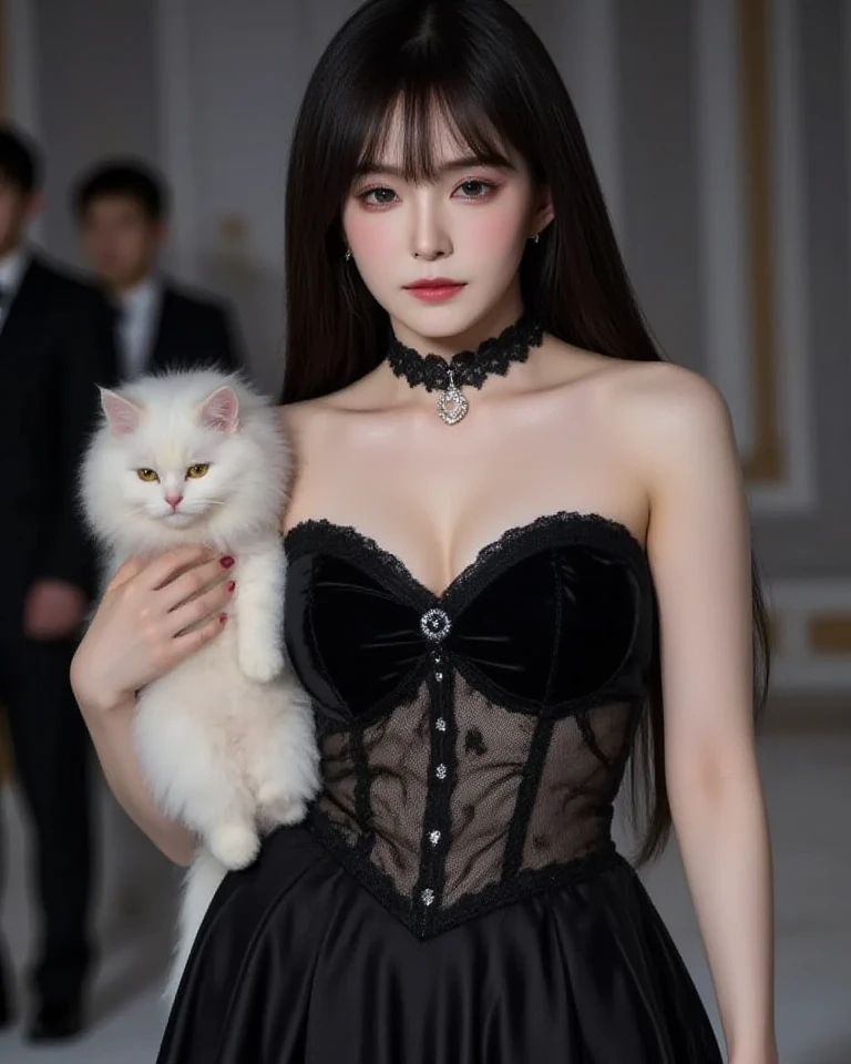 ((16K)),((masterpiece:1.3)), ((Highest quality)), ((Ultra-high resolution)), (Very detailed), (Realistic, photoRealistic:1.4), Perfect lighting,((Side light)), Written boundary depth, Surrealism,photo shoot, No makeup, Film Grain, chromatic aberration, Sharp focus, Face Light,((Beautiful detailsまでこだわった髪)),((Beautiful eyelashes)), Beautifully detailed face, Beautiful details, Beautiful clavicle, Beautiful body, Thin legs,Beautiful breasts, Beautiful legs, ((Detailed and carefully drawn hand)), Cleavage, Perfect Anatomy, Supermodel with a long neck,((Skinny1.3)),23 years old,Looking into the camera,(Perfect Anatomy,Anatomically correct, Very detailed肌), Glowing Skin,((pale skin)),((beautiful girl:1.1)),((Large Breat:1.5)),((Two Side Up Hairstyle)),((Mid-length hair:1.4, Wavy Hair:1.2, Black Hair)) ,((See-through bangs:1.2)),Dainty facial structure,((Smiling happily and showing your teeth:1.4)), ((lying, on back:1.5)),((There are two cute black kittens:1.4 )),((Cat sleeping on chest:1.2)),((black cat:1.2)),((wearing pink beautiful princess costume:1.2)),The costume includes a luxurious long dress with a flowing silhouette, adorned with jewels and floral motifs, ((a jeweled necklace)),((background should have a pastel, confectionery-like atmosphere with candy and dessert motifs,((girly bed room with a sofa)) ,(( a cozy atmosphere)),((Night view:1.2)),((from above:1.4))