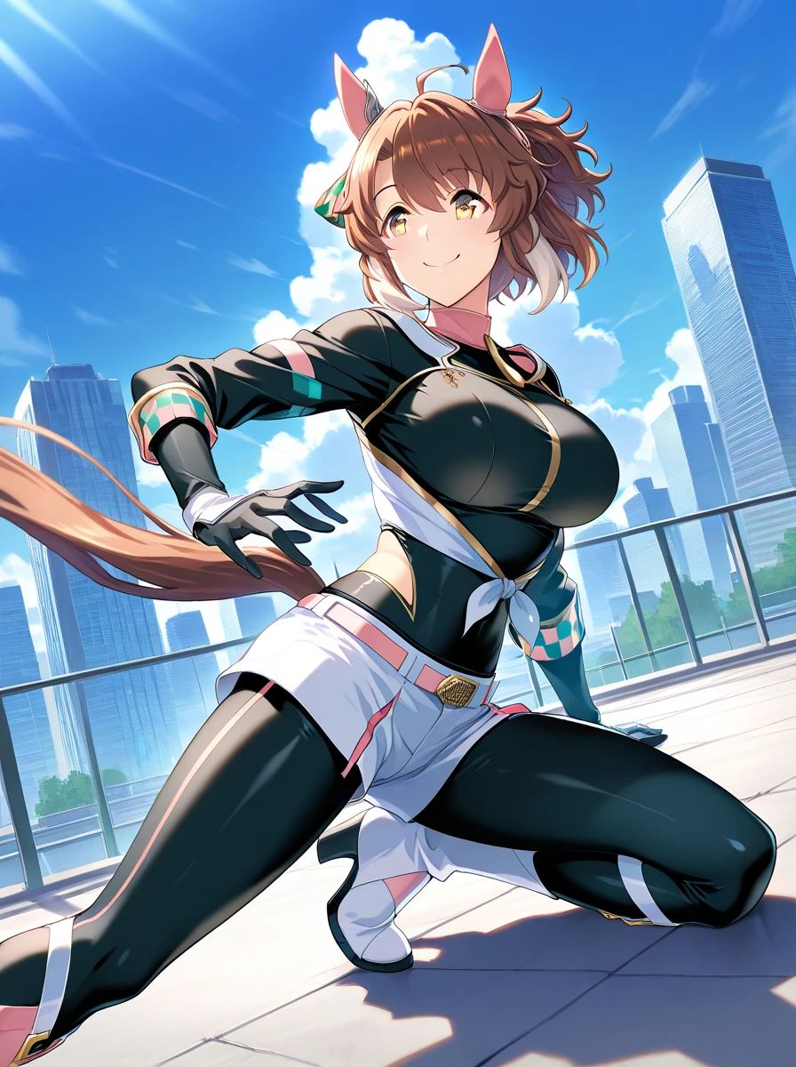 thick outlines, comics, photorealistic, masterpiece:1.2, 1girl, solo, small breast, levitate, ochako, brown hair, bodysuit, boots, belt, disused building, street, city, detailed background, detailed face, detailed eyes,