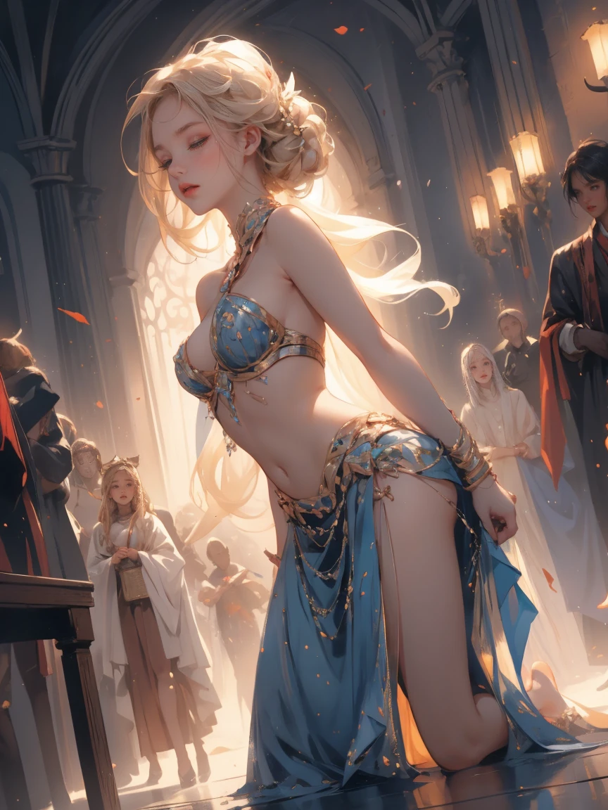 landscape, best quality, super fine, 16k, incredibly absurdres, extremely detailed, blonde beauty, amorous and lewd expression, half-updo with braids hair, sexy elegant long dress that shows off your breasts from the side, superlative body proportion, BREAK , background stained-glass gorgeous room made from sparkling finely crushed colorful gemstones,sunset,church,