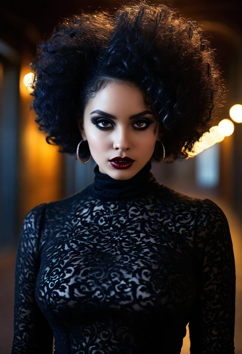 (mature woman:1.1), black curly hair, black lipstick, (fuffy short dress with sequins:1.4), earrings, ((masterpiece)), (high quality), (best quality), (detailed), hd, perfect lighting, detailed face, detailed body, goth, gothic.