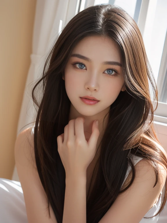 (masterpiece、Realistic woman),Woman kneeling、20-year-old、(quirky long hair、Forehead),blouse、paizuri,Grab your chest、Beautiful Eyes、sexy、Ecstasy face、Sweat、Close-up of face、sfw、living