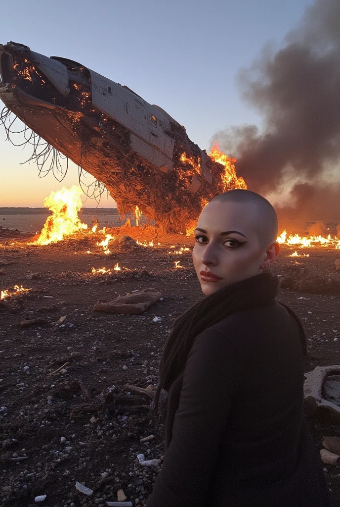 Crashing a starship on an unknown planet, completely bald, razor shaved bald, a giant bald woman, looking at viewer, spaceship crash, ((The woman's bald head is )), ideal face, ((long strands of cut dark hair are mixed-in with the debris is burning around the starship)), ((a trail of burning cut strands of long dark hair leads from the crashed ship to the woman)), (((long burning strands of cut dark hair are on fire on the ground in piles around the woman))), the viewer can see the entire woman, she survived her space vessel crashing, Futuristic debris, explosive flames, everything's on fire, apocalyptic chaos, dynamic scene
