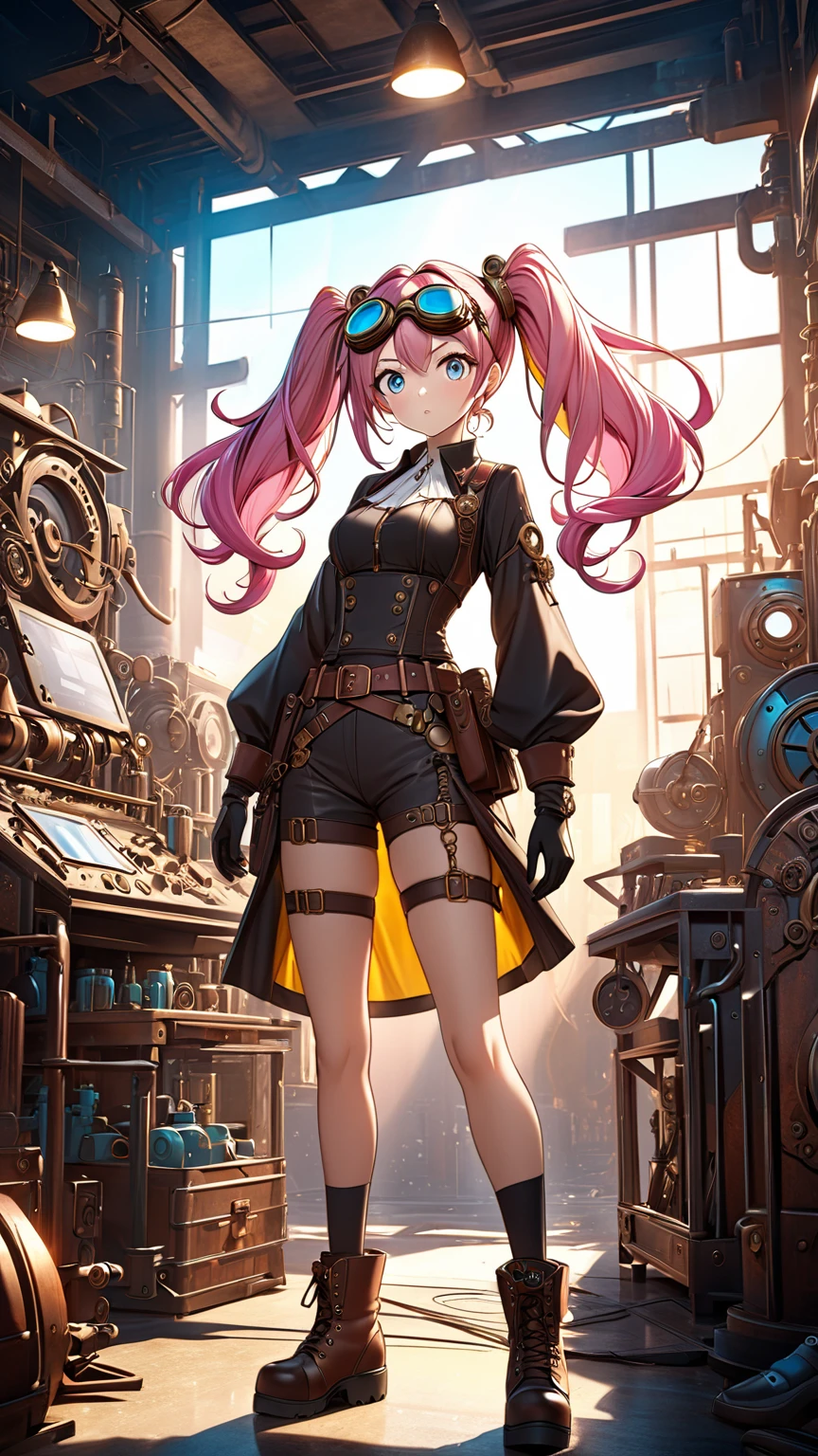 (Line art_anime),(full body, highest quality, ),(Laura Budd Photos:1.2),(Laura Add details:1.0),8k, Flat Color:0.8,1 girl,smile,(Highly decorative and complex mechanical steampunk fashion, Lace flare dolphin hat、goggles、(Sitting on a toolbox drinking coffee)、machinery background、Gear background、An elaborately mechanized steampunk cityscape 1.5)