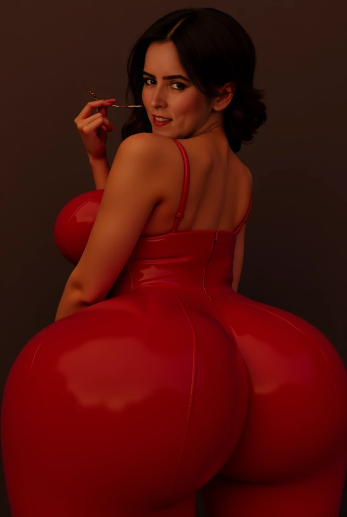 masterpiece, 1 girl,Realistic,8k, alone, Shortcuts, , sorry (Apricot Takamaki) - People、Looking at the audience, Big Breasts, Mature Woman, Brand Hair, smile,Bright Blue Eyes, Pink Bed, Mature Woman,Black latex gloves,Red off-the-shoulder latex suit,Red Skirt,Red off-the-shoulder latex,Red latex skirt,Latex shirt,Red latex off-shoulder shirt,Armpit sweat,Captivating look,Provocative look,Huge breasts,Large Breasts, arched back, View from behind, Back pose, Buttocks emphasized curves, arched back, Very beautiful delicate face, Highest quality details,Horse sized ass,,Huge Ass,Big Ass