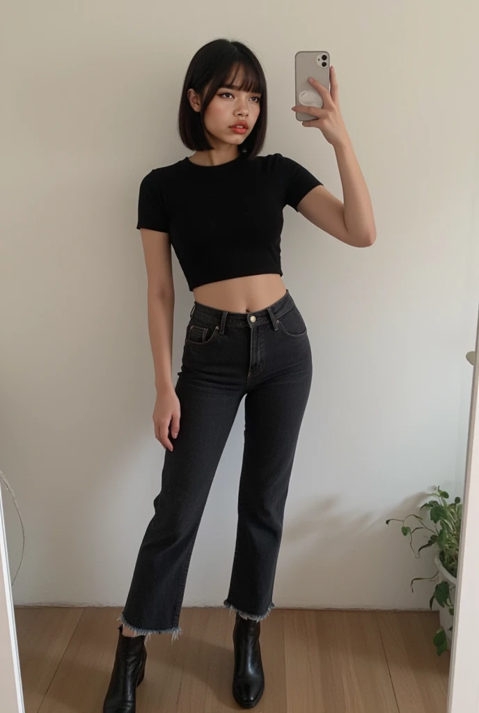 ((Midnight, Best quality, 8k, Masterpiece :1.3)), Whole body, Long legs, Sharp focus :1.2, A pretty woman with perfect figure :1.4, Slender abs :1.1, ((Dark brown hair, Big breasts :1.2)), (Crop top shirt, Low waist pants, Standing:1.2), abs, Highly detailed face and skin texture, Detailed eyes, Double eyelid, high heels, low angle, from below, tonned abs, laughing, looking at viewer