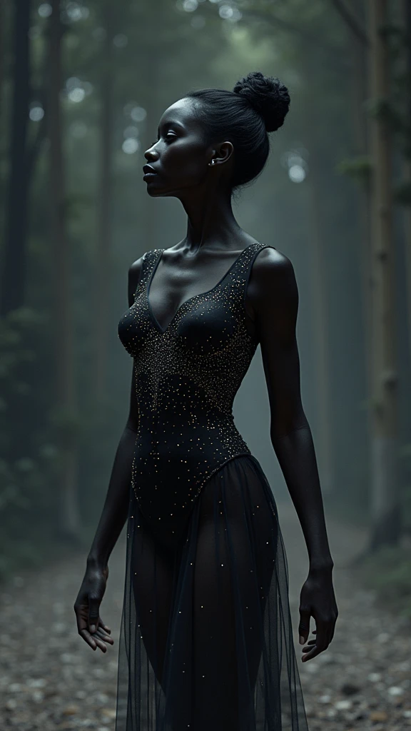 (Angry:1.3) (Happy:1.3) black, (dark skin:1.1) woman black woman, full length, whole body, white (transparent:1.2) dress, (short haircut:1.3), visible knees and feet, bottom view, standing sideways to the camera, dark forest, rain, wet body, raindrops, wet hair, low angle, george miller cinematography, wide-angle, portrait, realistic, cinematic, 8k, highly detailed, highly detailed eyes, shphotography, professional, canon camera, nikon camera, sharp, bokeh, in the forest, studio quality, color grading, by Alphonso Mucha, by Rodrigo Prieto,(by Artist Adolf Kosarek:1.3)