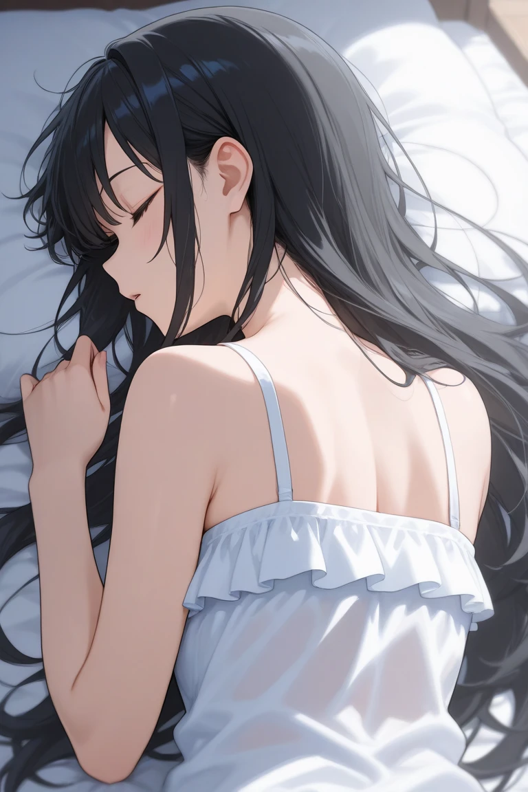 
A crying young lady with long black hair、２０age、clear、White luxurious lace long slip、In underwear、A middle-aged man forcefully hugs and kisses her、Private room、Shyness、resistance、fear