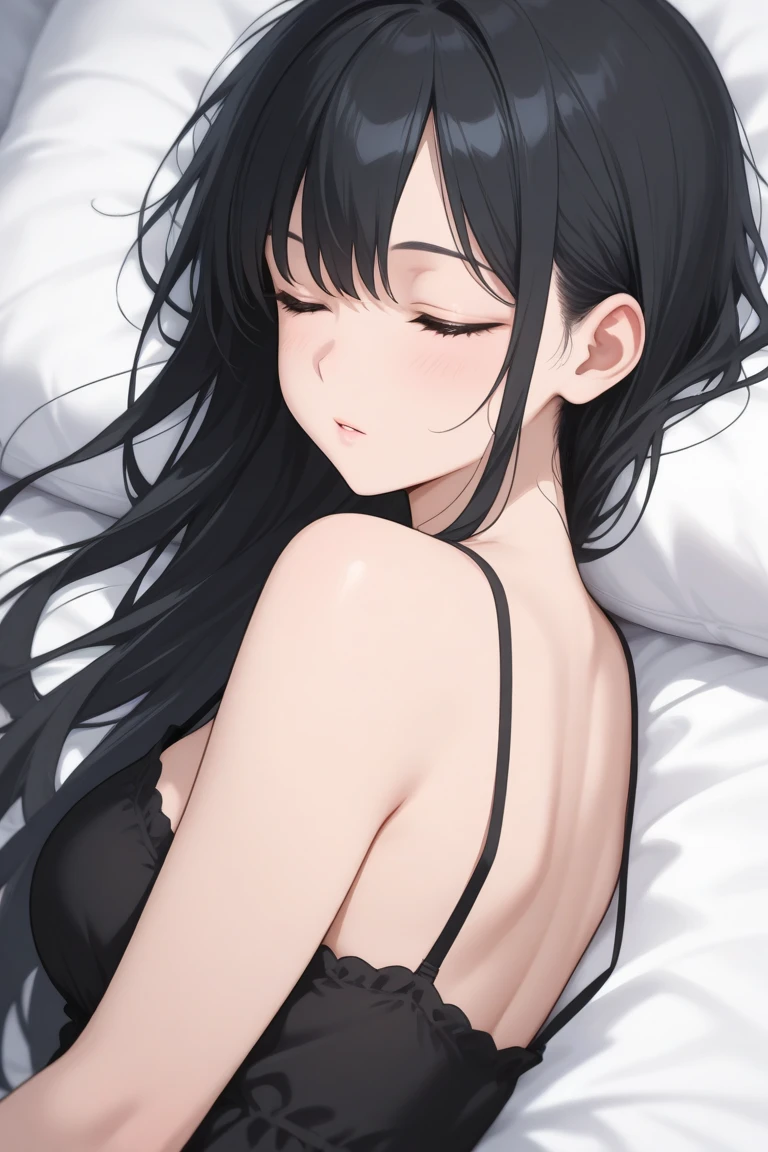score_9, score_8_up, score_7_up, source_anime, rating_explicit, beautyful japanese woman, slim body, slender body, big long fringe black hair, black lipstick, pink bra, shy face, sit in a bed