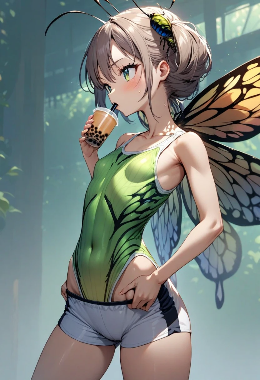 Faery with ((Insect wings)) that looks Verry Cute, sitting on Mushroom ,green under clothes, bare midriff, Holding A Big Leave as Umbrella