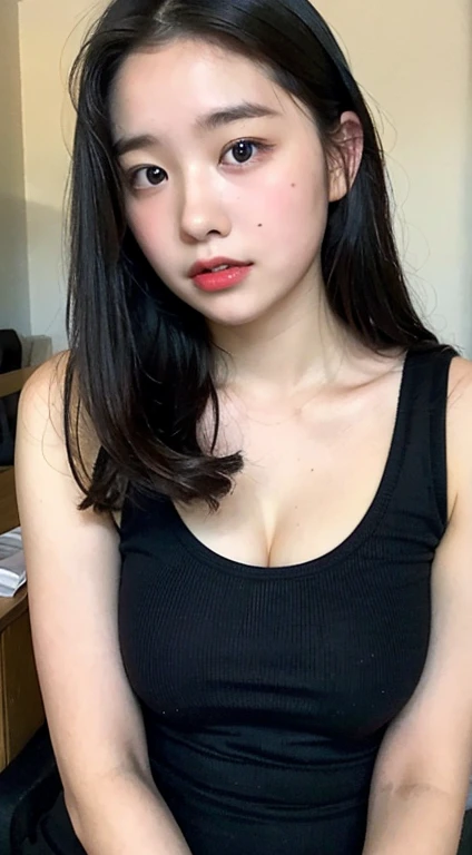 (lifelike, high - resolution:1.3), 1 girl with a perfect body and black hair, Super fine face and eyes,slong hair,Pink Tank top :1.2, short jeans, big boob,Expose cleavage