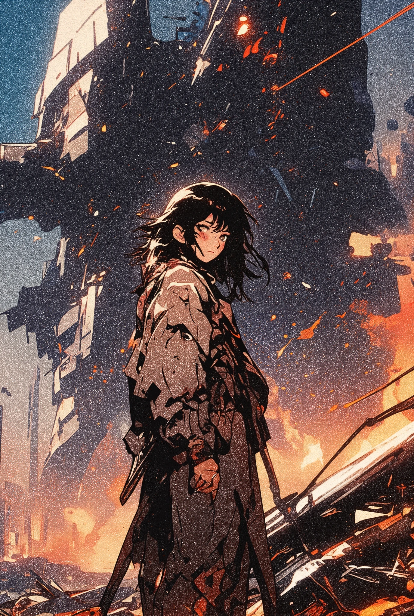 ( masterpiece, best quality, 32k, sharp focus, ultra detailed  :1.2)、(one wounded girl standing in the battlefield:1.3),  complicated,  beautiful, realistic, big crashed spaceship, Apocalytic battlefield, laser shots. remnants of futuristic technology intertwine with flashes of explosions. Extra texture,Dramatic shots , capture shocking moments of the accident