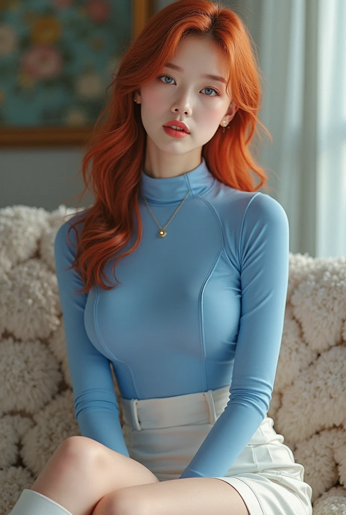8K, Masterpiece, RAW photo, Best quality, Photorealistic, Extremely detailed Cg Unity 8K wallpaper, Depth of field, Cinematic light, Lens flare, Ray tracing, (Blurred background), (Dim light), (No one is in the background:1.3), (Full body shot), front footage, (Full body shot),

(Extremely beautiful face, Beautiful lips, Beautiful eyes), intricate detail face, ((ultra detailed skin)) 1girll, Pretty Korean girl, Kpop idol, 1 girl, (shy smile:1.3), (Pale skin), (brown hairs), big breast, wide hips, pale skin, ((straight long orange blonde hair)) ((high elegant ponytail)), tender eyes, perfect slim body,

((wearing a silky short tight blue jumpsuit)), ((camel-toe)),

