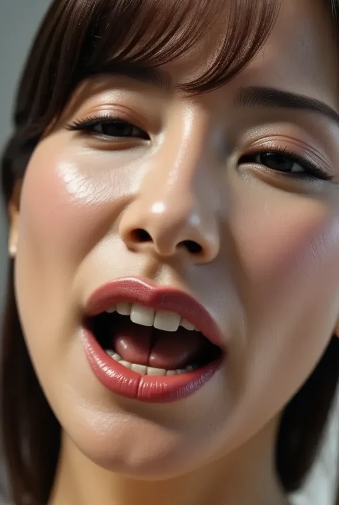 1 Girl,flying debris,,Award-winning photo, Very detailed, Edge Orgasm,Face Focus, (Woman with open mouth and closed eyes ), 30 years old、Black Hair、Shiny skin,From below、Realistic nostrils、Long and narrow nasal cavity,、Glass-walled office、(Modern interior office)、congestion、Are standing、((suit))、Big Breasts、(Sharp Nose)Frowning performance:1.4, concept,teeth,performance,facial performances,Frowning,Lift your head、Skin shiny with sweat