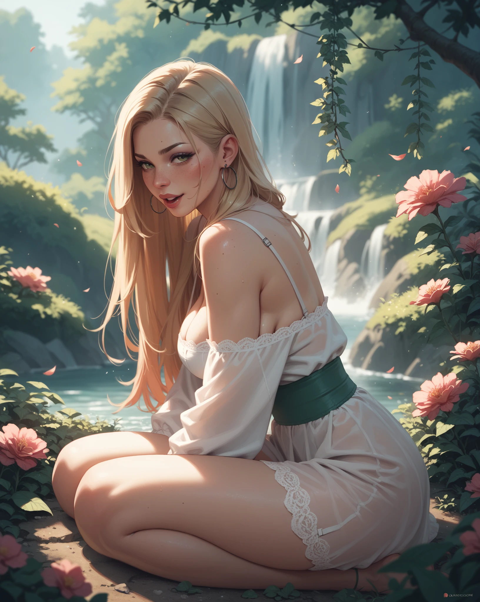 (best quality,4k,8k,highres,masterpiece:1.2),ultra-detailed,(realistic,photorealistic,photo-realistic:1.37),blonde hair,deep brown eyes,beautiful detailed eyes,beautiful detailed lips,long eyelashes,(girls:1.1), 24 years old, glistening nipples and butt, Pubic ortraits,soft lighting,dreamy colors,artistic rendering,gentle smiles,relaxed atmosphere,natural outdoor setting,flowing hair,breezy summer day,faint scent of flowers,subtle sunlight filtering through the trees,peaceful expression,tranquil garden,romantic vibes,warm summer breeze