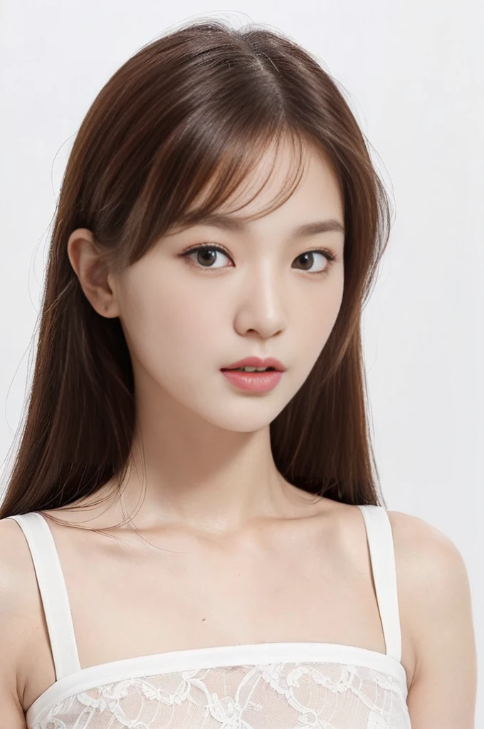 8k wallpaper, top-quality, masterpiece, realisitic, Photorealsitic, ultra-detailliert, highly detailed CG unit 8k wallpaper, Model style, RAW photo of a 29-year-old woman, (((Color photography))), 1girl in, ((Facing the front)), Upper body photo, small bust with good shape, (Vermilion lips), Detailed clavicle, face perfect, straight haired,