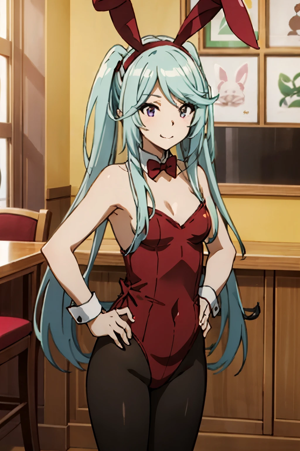 (anime style), (Epsilon), 1Girl, Purple eyes, Blue Hair, Twin tails, Side Lock, Long Hair, very Long Hair, bangs, Medium Breasted, Expensive body, Long legs, smile, (red enamel playboy bunny:1.5), (red fake rabbit ears), (Black Pantyhose), View your viewers, Front view, Cowboy Shot, standing, Put your hands on your hips, coffee shop