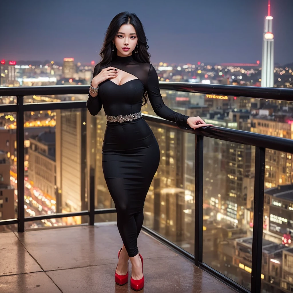 Chubby girl wearing a tight black dress,Wear black high heels,long hair,standing on the balcony,Beautiful sky,nighttime,There is a city,Virtual image,16K, 8K 
